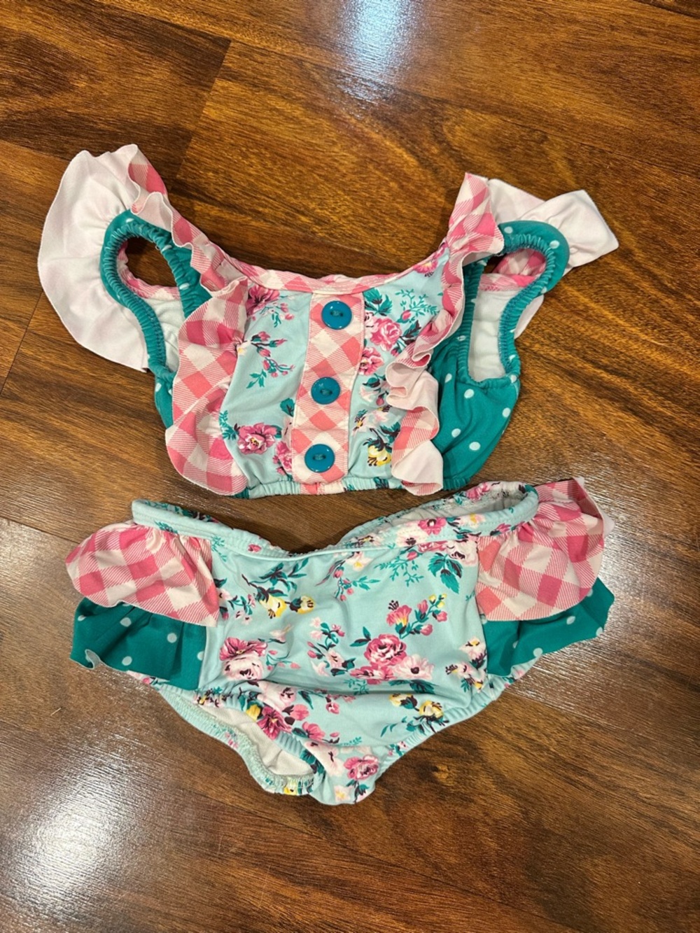 Girls Floral Ruffle Bikini Set in Teal and Pink